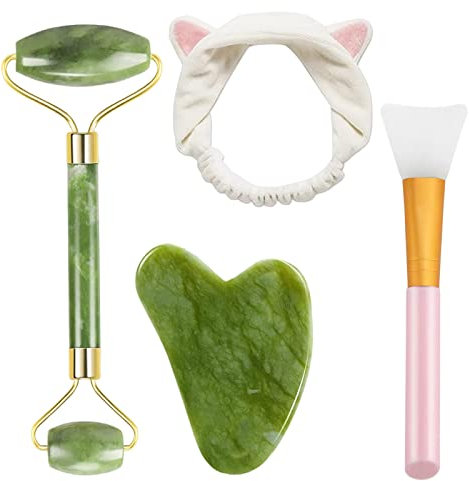Gua Sha Massaggio Viso e Jade Roller, Rullo di Giada Viso Naturale con Pennello Efascia per Capelli per Donne Ragazze Occhi, Viso, Collo Anti invecchiamento Wrinkgless (4PCS)