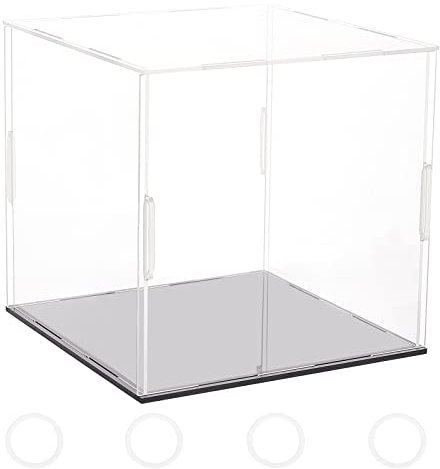 FINGERINSPIRE Clear Acrylic Display Case with Black Base & 4 Pcs Rubber Rings 16x16x15cm Cube Clear Self-Assembly Acrylic Box Dustproof Protection Showcase for Action Figures Collectibles Toys