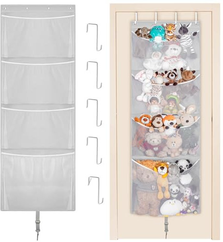 Woodoulogy Hängende Stofftier-Aufbewahrung, über der Tür, großer Plüschtier-Organizer mit Metallhaken, Baby-Zubehör-Halter, Idee für Kinderzimmer, Barbie-Puppe und Teddybär, Jungen, Kinderzimmer