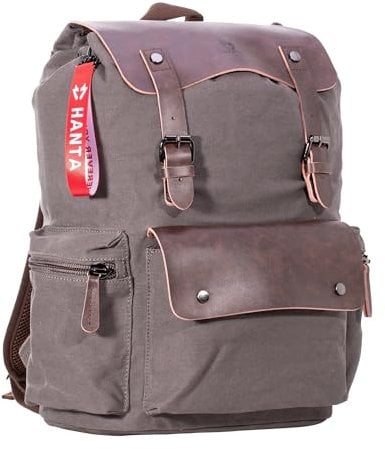 Hanta Nature Rucksack Canvas 25L Outdoor Rucksack aus Leder und Canvastoff Wanderrucksack für Ausflüge, Camping, Alltags-Rucksack für Damen und Herren mit Lederriemen und Reißverschlüssen - grau