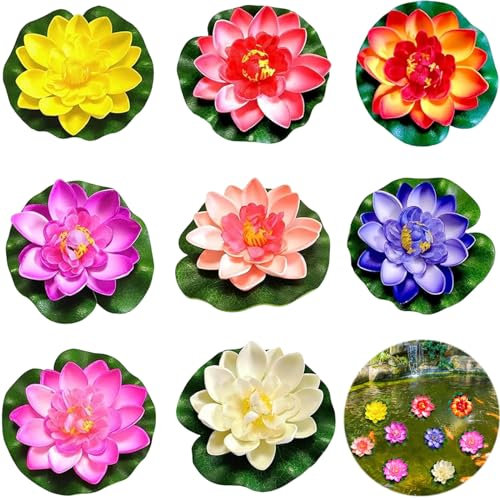 Leonshco 8 Stück Seerosen Künstlich Deko,10 cm Indoor and Outdoor Lotusblüte Deko,Simulierte Schwimmende Blumen,Seerosen Für Teichdeko Miniteich,Für Innenhof/Aquarium/Bachszene Etc (Farbe)