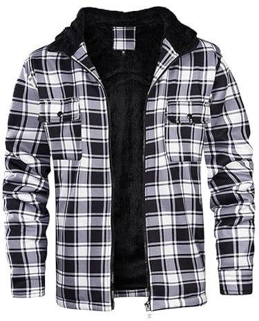 LBL Veste Homme à Carreaux Polaire Chauffante avec Capuche pour Hiver Manteau Carreaux à Manches Longues avec Poches pour Homme Noir Blanc M