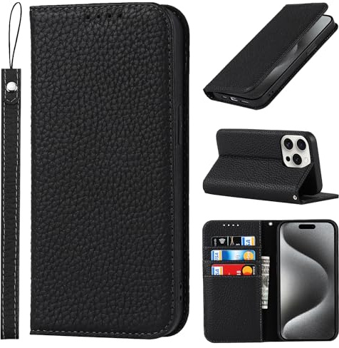 Cavor iPhone 15 Pro Case,Flip Genuine Leather Wallet Case,[4 Card Holders][Magnetic Closure][With Lanyard],Protective Phone Cover Case for iPhone 15 Pro - Black