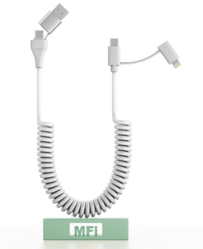USB C Cable Apple Charger 4 in 1 - PD 60W/27W USB C Fast Charging & Data Sync Multi Charger Cord, 6FT Coiled Lightning Cable to USB for iPhone/Pad/Android/Laptop, Support Apple CarPlay & Android Auto