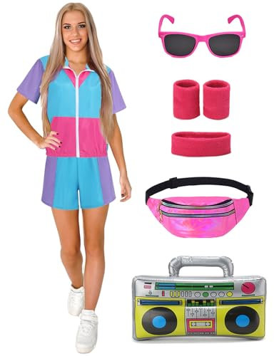 Velmawig 80er Jahre Outfit Damen 90er Jahre Kostüm Damen 80er jahre accessoires neon Party Trainingsanzug Kurzarm Jogginganzug LUXUS Retro Anzug für Karneval Fasching Mottoparty, Blau VL010XXXL