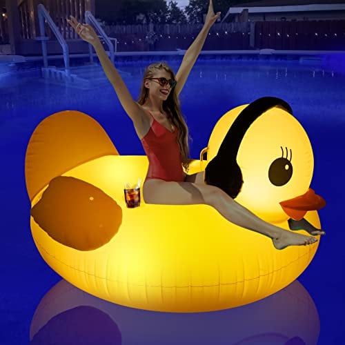 DeeprBetter Aufblasbare Schwimmtiere Ente mit Lichtern, Solar Groß Schwimmtiere für Den Pool, Badetier Aufblasbar mit Getränkehalte & Haltegriffe, Wassertiere Aufblasbar Schwimmtier für Erwachsene