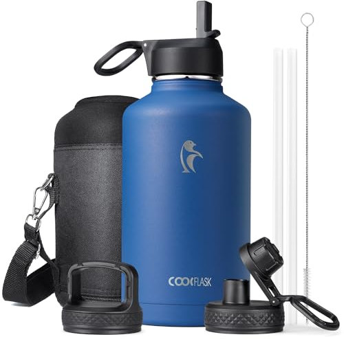 Isolierte Wasserflasche 2L, Coolflask Wasserflasche mit Strohhalm & 3 Deckeln, Isolierte Wasserflasche aus Edelstahl für Sport oder Büro, Doppeltes Vakuum, auslaufsicher, Blau