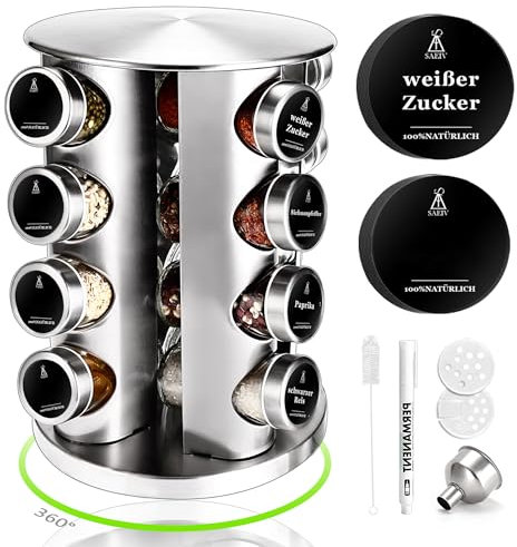 SAEIV 360° Rotation Gewürzregal Stehend | Gewürze drehteller organizer | 16 100ml-Gewürzgläser | Vierstöckige Gewürzregale Drehbar | Deutsch Gewürzetiketten | Küche Regal | Gewürz Organizer