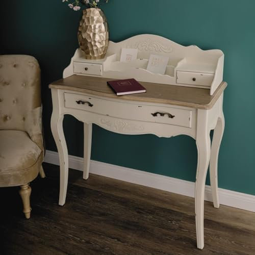 LEBENSwohnART Romantischer Schreibtisch Versailles 90cm antik-Weiss braun Sekretär Shabby-Chic Schubladen Bicolor