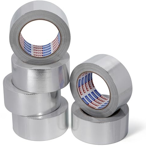 ADHES Nastro Adesivo in Alluminio Rinforzato Con Tessuto In Fibra Di Vetro per Riparazioni alte temperature, Resistente da 80°C a 100°C, Foil Tape 50mm x 25m, 6 rotoli