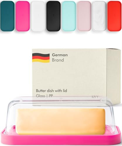 KIVY Butterdose aus Glas mit luftdichtem Deckel, der die Butter weich hält – für Arbeitsplatte und Kühlschranktürregal – spülmaschinenfest, blaugrüne Butterdose für den Kühlschrank (Rosa)