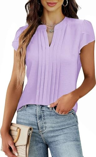 Teesho Camicia da Donna Manica Corta Elegante a V-Collo Plissettato Front Work Tops Camicie Tunika Top (Viola Chiaro/XL)