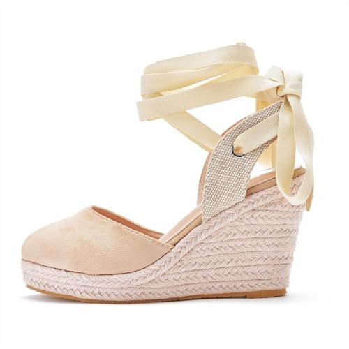 MBACODAI Women's Wedges Espadrilles Sandals Summer Ankle Cross Strap Casual Hemp Canvas Pumps Shoes (Color : Beige, Size : 37 EU)