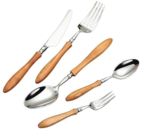 Bestecksets 5 Stück Holzgriff Edelstahl Messer Gabel Löffel Steak Gabel Home Besteck Set A