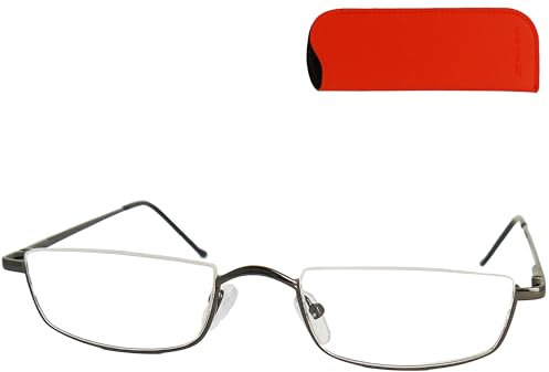 Mini Brille Metall Halbrand oben Lesebrille Halbbrille Rechteckig, Gratis Etui und Brillenputztuch, Edelstahl Rahmen (Graphit) mit Federscharnier, Lesehilfe Damen und Herren +1.0 Dioptrien