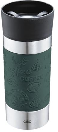 cilio Isoliertrinkbecher VIAGGIO | Edelstahl Thermobecher to go | Deckel aus Kunststoff | 360° Trinkverschluss | Doppelwandsystem | Bruch- und auslaufsicher | 360 ml, Höhe: 19 cm | Dunkelgrün