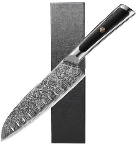 Plys Cuchillo Damasco 17,6 cm cuchillo de cocina damasco: Cuchillo Santoku afilado con mango ergonómico cuchillo de chef, regalo para hombre