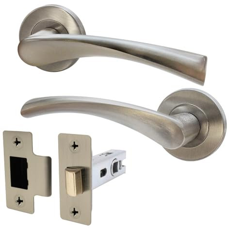 EAI Nickel Door Handle Latch Set | Round Internal Door Handles & Latch (64mm) | Satin Nickel Lever on Rose Novoli Range