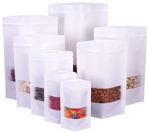 Papiertüten mit Fenster, Kraftpapier Tüten mit Sichtfenster, Verpackungstüten, Kraftpapier Tüten mit Fenster, Papiertaschen für Nüsse, Süßigkeiten, Kaffeebohnen, Teeblätter Weiß 9x14cm 100pcs