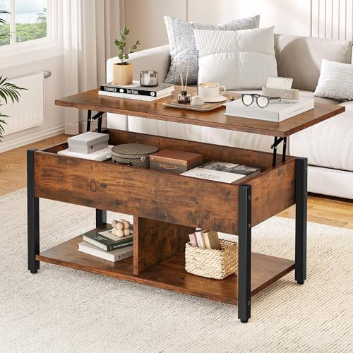 YITAHOME Lift Top Coffee Table, Easy-Lift, 2-Tier Storage, Adjustable Height with Hidden Storage Compartment and Shelf for Living Room, Office, Rustic Brown