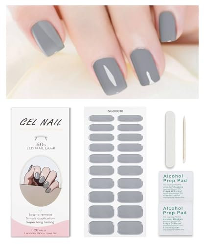 Grey Gel Nail Strips, KALEFUL Semi Cured Gel Nail Stickers Nail Art Decoration Design Supplies