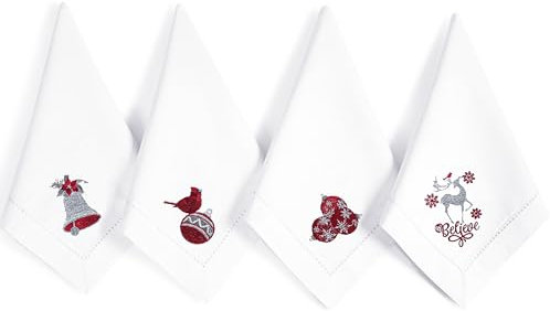 Stoffservietten, 12 Stück, 100 % Baumwolle, 45,7 x 45,7 cm, Silber mit roter Stickerei, maschinenwaschbar, wiederverwendbar, Hochzeitsfeier, Tischservietten für Esszimmer, Küche