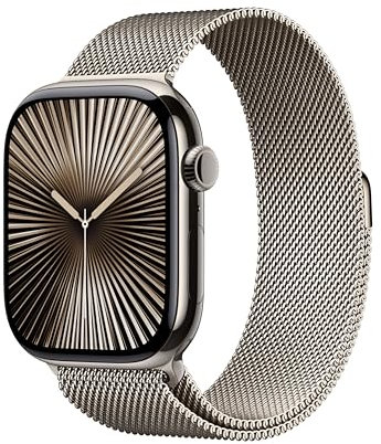 Apple Watch Series 10 (GPS + Cellular 46 mm) Smartwatch mit Titangehäuse in Natur und Milanaise Armband in Natur (S/M). Fitnesstracker, EKG App, Always-On Retina Display, Wasserschutz