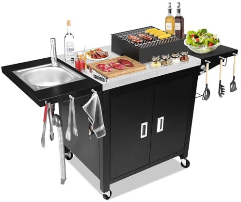 GFTIME Carrello per barbecue, cucina all'aperto, tavolo per pizza mobile, in acciaio inox, con ruote, tavolo da cucina, tavolo da pranzo, 154 x 63 x 89 cm