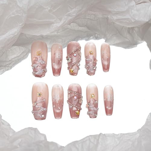Sun&Beam Nails Handmade Press-on Medium Long Coffin Ballerina Pink White Silver Christmas 3D Sweet Design Fashion False Nail Tips 10 Pcs Set (#196 S)