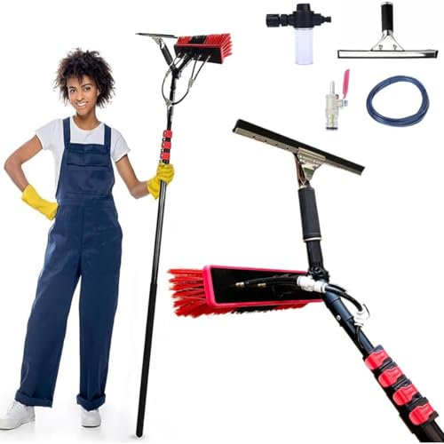 Kit de nettoyage télescopique pour fenêtre avec tuyau de raccordement d'eau 3,6 m et 10,8 m - Tige extensible pour systèmes solaires terrasse toit 55 cm Tête de balai incluse