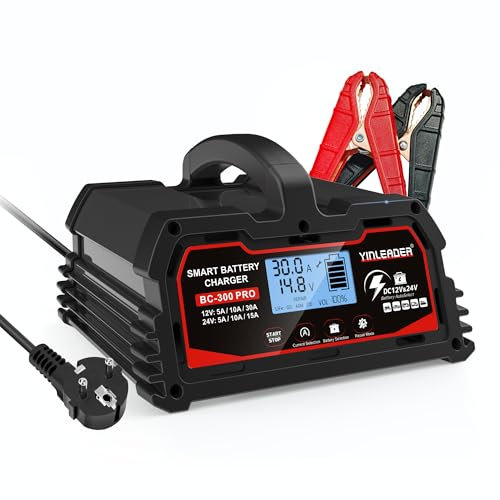 Yinleader Autobatterie Ladegerät 30A 12V/24V 15A/10A/5A Batterieladegerät Auto Intelligentes Erhaltungsladegerät mit LCD-Bildschirm, Ladegeräte für 12v LiFePO4 Batterie - Schwarz