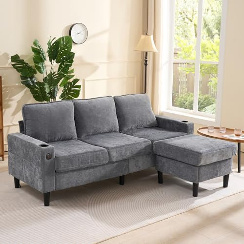 Merax Ecksofa 3-Sitzer Sofa mit Polsterhocker, Gepolstertes Sofa mit USB & Typ-C, 2 Getränkehaltern, L-förmiges Schlafsofa, Polstermöbel für Wohnzimmer, Wohnung, Lounge und Schlafzimmer, Grau