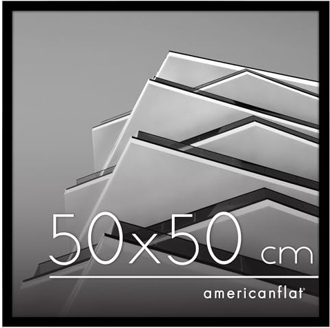 Americanflat Bilderrahmen 50x50 cm - schmaler Bilderrahmen quadratisch 50x50 cm mit Plexi-Scheibe - Fotorahmen mit integrierter Aufhängung für Wandmontage - Schwarz