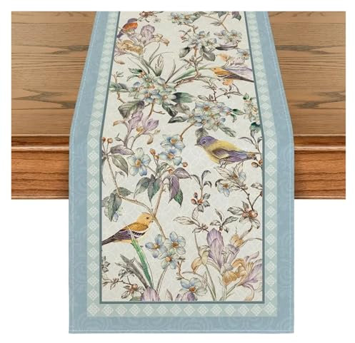 SDIUAKBV Runner da Tavolo Runner da tavola in Lino con Fiori di Uccelli Blu, Decorazioni for Matrimoni, Cucina, casa, Sala da Pranzo, Decorazioni for Feste(150x33cm 59x13inch)