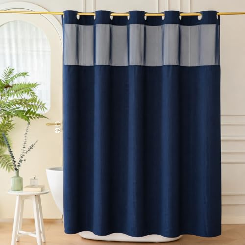 Yofori Hookless Shower Curtain with Liner, Navy Blue, 183x183cm | Double Layer, Removable Liner, See Through Top Window, Waffle Thick Fabric, No Hook Shower Curtains for Bathroom Wet Room