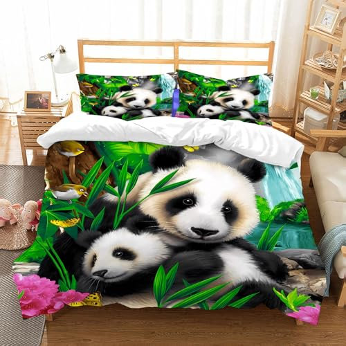 NIOYNJIS Bettwäsche Set 100% Baumwolle ist,Mutter Panda und Ihr Baby Panda kuscheln und Essen Bambus am Morgen in einem Zoo,und allem auch für Personen mit Hautsensibilisierung empfohlen 178x208cm