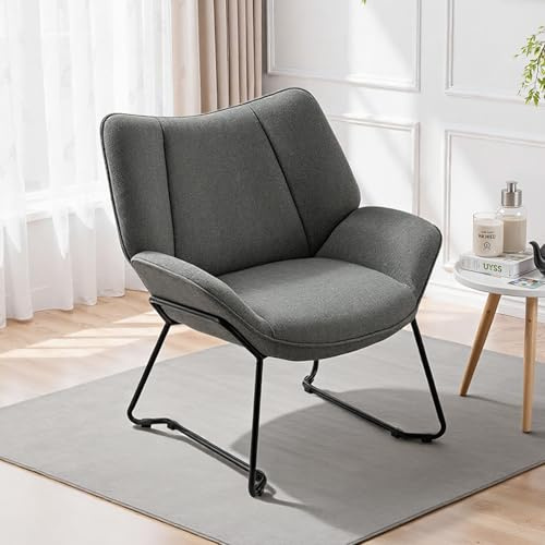 GGK Möbel Loungesessel mit ergonomischer Rückenlehne & Metallbeine bis 160 kg belastbar atmungsaktiver Schwammbezug Sessel Wohnzimmer aus Leinen Ohrensessel für Schlafzimmer grau