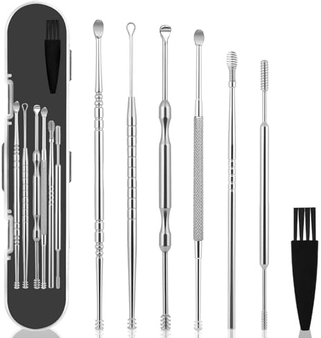 AYESY Ear Removal Kit, 7PCS Stainless Steel Ear Cleaning Tools with a Cleaning Brush and Storage Box, Reusable Ears Curette Removal Set for Children and Adult