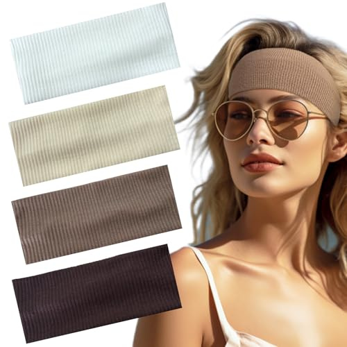 Ypkia 4 Stück Solid Haarband Damen 7cm Breites Stirnband Baumwolle Weich Antirutsch Haarbänder für Sport,Yoga, Kosmetik Haarschmuck