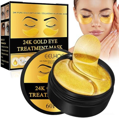24K Gold Masque Pour Les Yeux 60 Patch,Patch Anti Cernes Yeux, Hydratant, Soulager la Fatigue, Réduit Yeux Poches, Patchs pour Les Soins des Yeux, pour Femmes/Homme