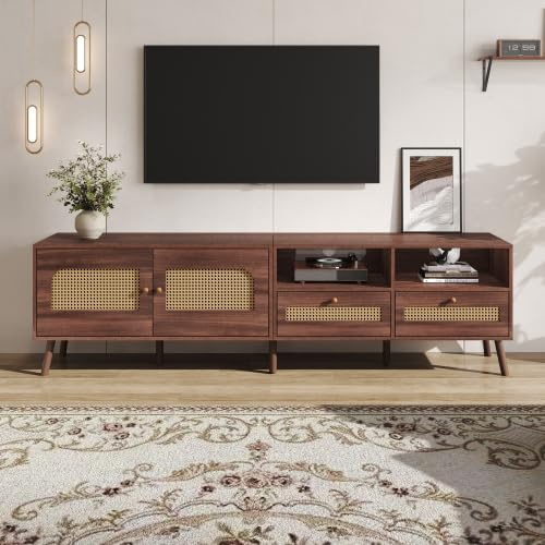 Merax TV Schrank 200 cm, Lowboard mit Rattan Türen, TV Board für Wohnzimmer, modernes Möbelstück für 80 Zoll Fernseher, 2 Schränke und 2 Schubladen