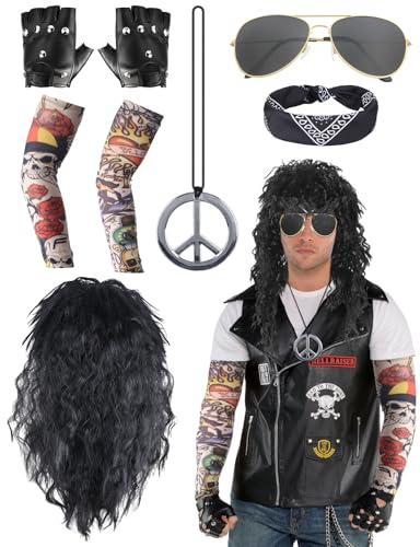 8 Stück Rocker Kostüm Herren 70er 80er 90er Disco Rockstar Perücke für Männer Frauen mit Tattoo Ärmeln Bandana Handschuhe Halsketten Brillen für Karneval Kostümfeier Cosplay