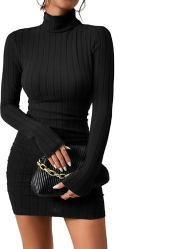 Womens Jumper Dress Turtle Neck Long Sleeve Knit Sweater Bodycon Midi Dress | Solid Ribbed Ruched Casual Pullover Knitwear for Autumn Winter, Knee-Length Slimming Dresses for Party Club Leisure