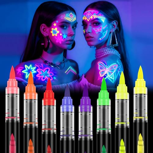 LOPHE Stylos de Peinture pour le Visage UV Fluo 10 Couleurs, Marqueurs de Peinture Corporelle Phosphorescents, Marqueurs de Tatouage pour La Peau Lavables,Festival,Lavables et Non Toxiques, 8PCS-B