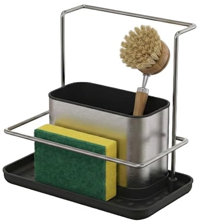 Relaxdays Spülbecken Organizer, mit Abtropfschale & Schwammhalter, HBT: 19x21x12 cm, Spülset Küche, Edelstahl, Silber
