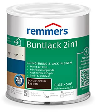 Remmers Buntlack 2in1 schokobraun (RAL 8017), 0,375 Liter, Buntlack für Holz, Eisen, Stahl, inkl. Grundierung und Rostschutz, innen und außen