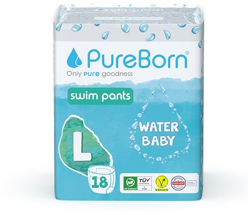 PureBorn Pañal Bañador Desechable, Swim Pants, Talla L (9-14 kg), 18 unidades, Diseñados para la Playa y la Piscina, Ultra-Suaves, Elásticos, Sin Fugas, Estampados de Verano