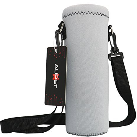 AUPET Porte-bouteille isotherme en néoprène avec bandoulière réglable de 1000 ml ou 750 ml, idéal pour les bouteilles en acier inoxydable et en plastique, boissons de sport et énergétiques, gris pur,