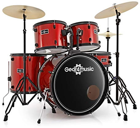 BDK-1+ Full Size Starter Drum Kit by Gear4music, Red | For beginners, complete 5-piece kit with extra 18 cymbal and stand, 6-ply poplar shells for deep mellow sound
