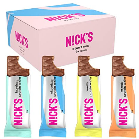 NICKS Protein Wafer Riegel Sport Mix | 25% Eiweiß | 203 Kalorien | Low carb Proteinriegel Schokolade Waffel Kekse ohne Zuckerzusatz Glutenfrei (9 Eiweißriegel x 40g)
